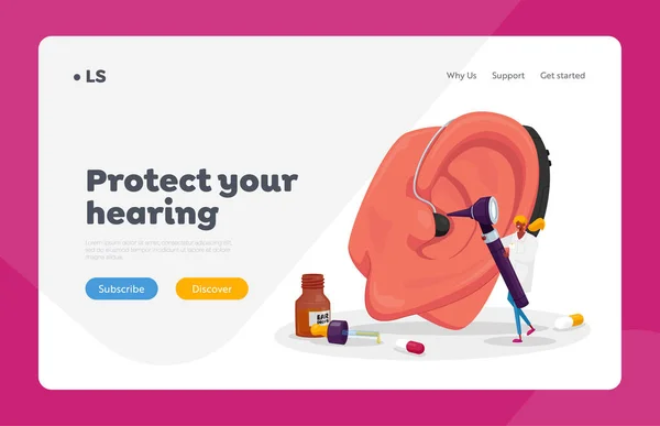 Otolaringology Medicine, Deafness Landing Page Template (dalam bahasa Inggris). Tiny Ent Doctor Character Examine Huge Patient Ear with Otoscope (dalam bahasa Inggris). Mendengar masalah kehilangan, tuli, pasang alat bantu tuli. Ilustrasi Vektor Kartun - Stok Vektor