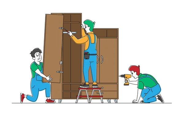 카펜터 사람들은 전기드릴 과 기구 조립 가구를 가지고 있다. 2011 년 2 월 1 일에 확인 함 . Carpentry Repairmen with Tools Assembling Home Cupboard, Repair Woodwork Concept. 비유적 인 사람들을 소개 함 — 스톡 벡터