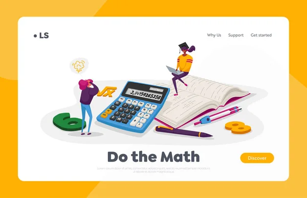 Vzdělávání, znalosti a matematika Science Landing Page Template. Drobná ženská postava s učební papírnictví College nebo vysokoškolští studenti v bakalářské čepice. Vektorová ilustrace kreslených osob — Stockový vektor