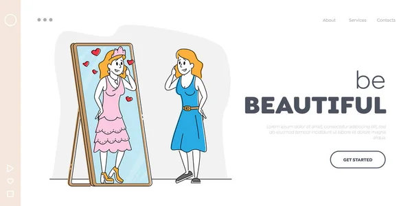 Weibliche Charaktere bewundern Sie mit ihrer Reflection Landing Page Template. Attraktive junge Frau im großen Spiegel Stellen Sie sich vor, Königin der Schönheit in Krone und wunderschönem Kleid zu sein. Lineare Vektorillustration — Stockvektor