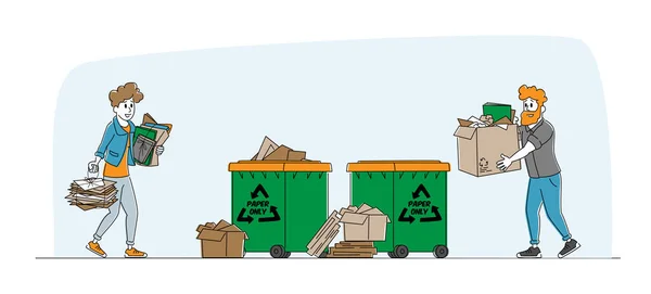 Os personagens carregam pilhas de documentos de papel ou resíduos para jogar lixo para reciclar a lixeira. Proteção Ambiental, Classificação de Resíduos, Reciclagem e Segregação Conceito. Ilustração vetorial de pessoas lineares —  Vetores de Stock