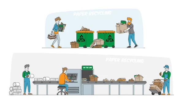 Sortowanie, recykling i segregacja koncepcji odpadów papierowych i kartonowych. Postacie wyrzucają śmieci do koszy na śmieci. Przemieszczanie odpadów papieru na taśmę transportową w zakładzie recyklingu. Ilustracja wektora ludzi liniowych — Wektor stockowy