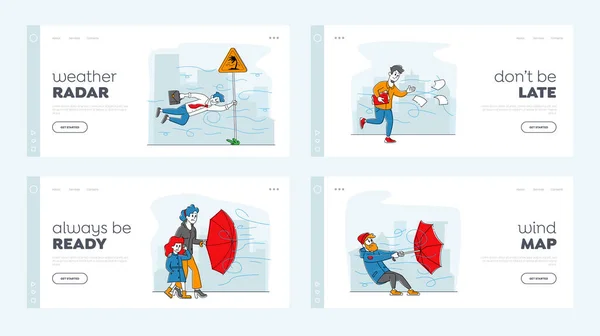 Personagens lutando com forte Wind Landing Page Template Set. Homem com guarda-chuva destruído a tentar proteger da tempestade e da chuva. Homem de negócios pendurado no sinal da estrada. Ilustração vetorial de pessoas lineares —  Vetores de Stock