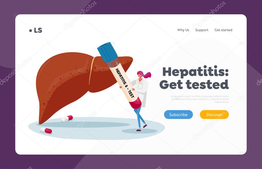 Blood Test on Hepatitis B Landing Page Template. Female Nurse or Doctor Character Carry Huge Test Tube with Lifeblood at Huge Liver. Transfusion in Laboratory. Cartoon People Vector Illustration