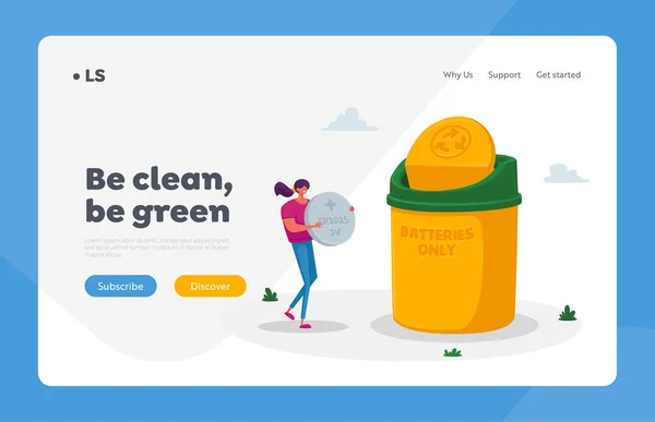 E-waste Recycle, Sorting and Segregation Landing Page Template. Kleine vrouw karakter dragen enorme tablet batterij om afval te gooien in de vuilnisbak voor het verminderen van vervuiling van de aarde. Cartoon Vector Illustratie — Stockvector