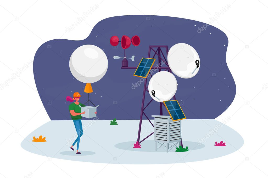 Female Character with Meteorology Probe Air Balloon on Meteo Station. Research, Probing, Monitoring Hurricane. Satellite Measurement of Earth Weather Parameters Radiosonde. Cartoon Vector Illustration