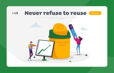 Dünya Kirliliği İniş Sayfa Şablonunu Azalt. İnsan Karakteri Büyüme Çizelgesi İstatistiksel olarak Batarya Kullanımı ve Geri Dönüşüm ve E-Atık. Çöp ayrımı. Çizgi film İnsanları Vektör İllüstrasyonu