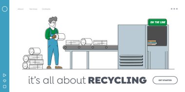 Garbage Manufacturing Landing Page Template. Worker Character at Factory Conveyor Belt with Old Carton Litter Turn into Clean Sheets. Paper Waste Recycling Process. Linear People Vector Illustration clipart