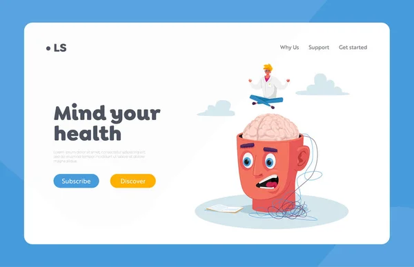 "Mental Disease, Mind Problems Landing Page Template". Psychiatre Minuscule Personnage Méditant au-dessus de la tête humaine énorme avec le cerveau ouvert Pensées confuses et le visage malade fou. Illustration vectorielle de bande dessinée — Image vectorielle