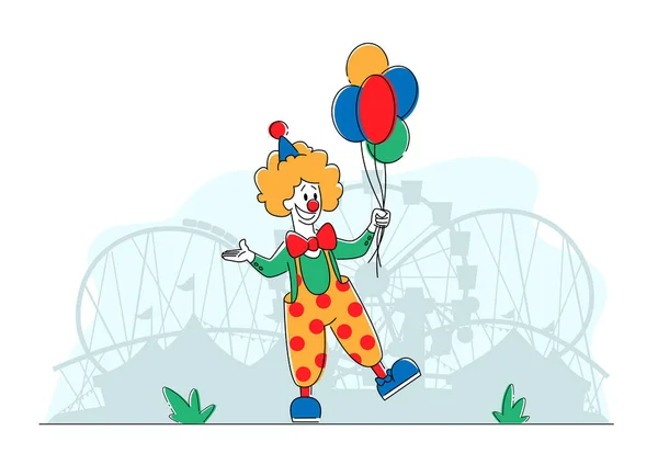Clown comico nel parco divertimenti, Big Top personaggio Joker sorridente con palloncini. Jester Performer, Circus Show Entertainer in costume divertente, parrucca, trucco e naso falso rosso. Illustrazione vettoriale lineare — Vettoriale Stock