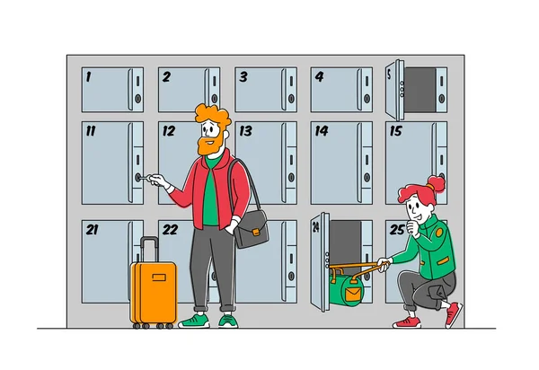 Ταξιδιώτες με τσάντες Χρήση αποσκευών Υπηρεσία αποθήκευσης Βάλτε τσάντες σε αριθμημένες ντουλάπες με κλειδιά στο αεροδρόμιο ή το σούπερ μάρκετ. Χαρακτήρες στη θέση για τη φύλαξη αποσκευών, Γυμναστήριο. Γραμμική απεικόνιση διανυσματικών ατόμων — Διανυσματικό Αρχείο