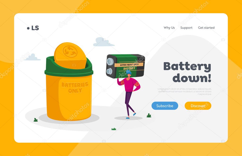 E-waste Batteries Recycling, Nature Protection Landing Page Template. Tiny Male Character Carry Huge Acid Rechargeable Accumulator. Pollution, Electronics Garbage Recycle. Cartoon Vector Illustration