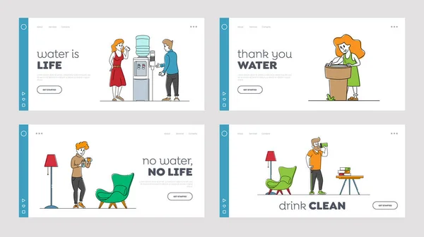 Durstige Menschen trinken Süßwasser Landing Page Template Set. Charaktere Erwachsene und Kinder trinken kaltes Aqua aus Kühler, kleines Mädchen erfrischt sich am Straßenbrunnen, Feuchtigkeit. Lineare Vektorillustration — Stockvektor