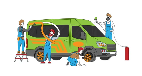 Personajes masculinos que hacen ajuste automático y modernización en el salón de garaje pegando cinta adhesiva, cuerpo del coche de pintura, ruedas de actualización. Servicio de Modificación para el Transporte. Personas lineales Vector Ilustración — Vector de stock