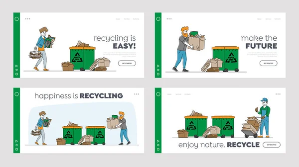 2009 년 1 월 1 일에 확인 함 . Sorting, Recycle and Segregation of Paper Trash Landing Page Template Set. 캐릭터는 쓰레기를 쓰레기 상자에 던진다. 종이 폐기물을 재순환 공장에서 컨베이어로 옮긴다. 비유적 인 사람들을 소개 함 — 스톡 벡터