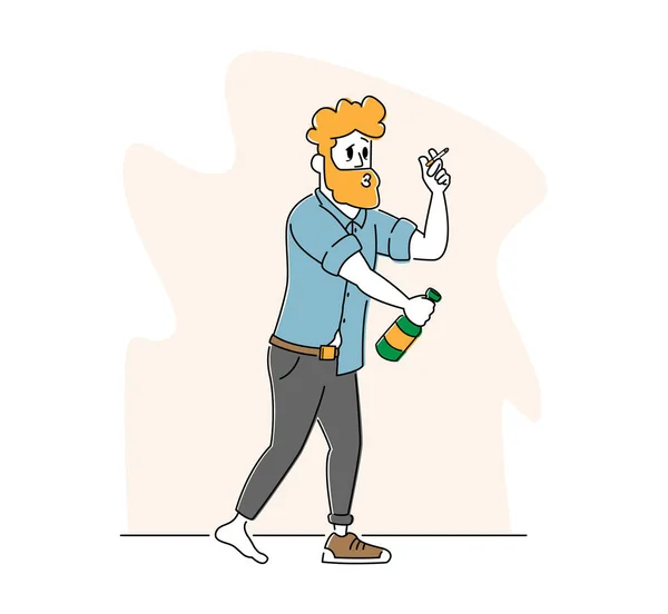 Μεθυσμένος Sleazy Man με ένα παπούτσι και ατημέλητος ρούχα Αλκοόλ και εθισμός στο κάπνισμα. Ανδρικός χαρακτήρας με ολέθριες συνήθειες — Διανυσματικό Αρχείο