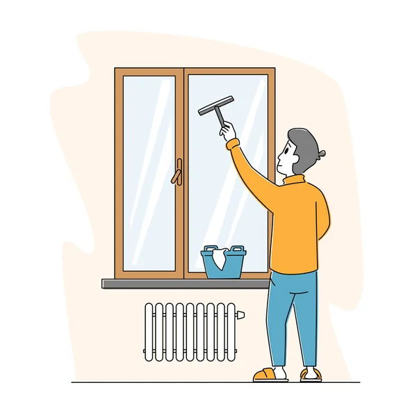 男人用湿布和刮胡刀擦拭家的窗户。男性角色家庭活动、持家过程、职责 — 图库矢量图片