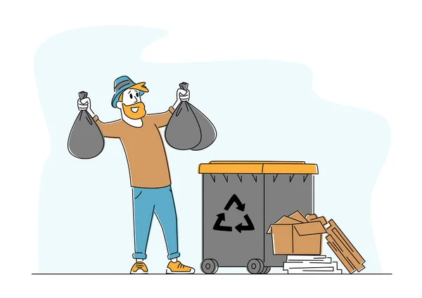 Muž v domácích aktivitách, povinnosti. Mužský znak házet odpadky do kontejneru na recyklaci, koš na odpadky — Stockový vektor