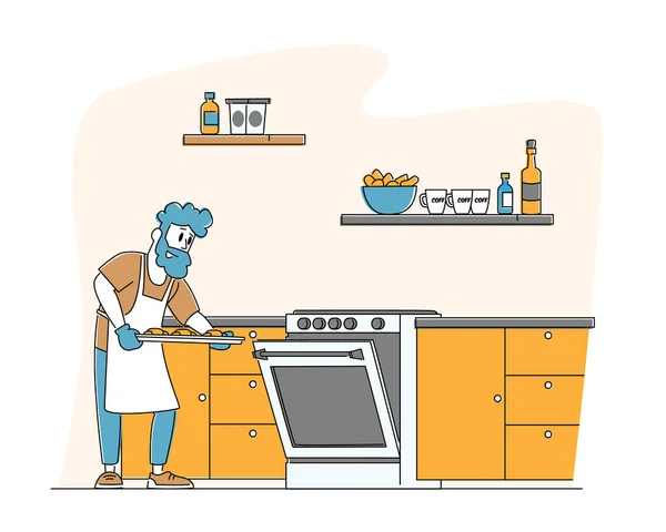 Experiência Culinária, Gestão de Serviços de Casa, Deveres e Provas. Man Household Activities. Personagem masculino cozinhando bolos — Vetor de Stock
