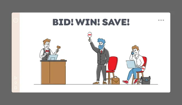 Online Auction Landing Page Template Auctioneer Holding Gavel on Tribune, Characters Bidding Продаж і купівля активів — стоковий вектор