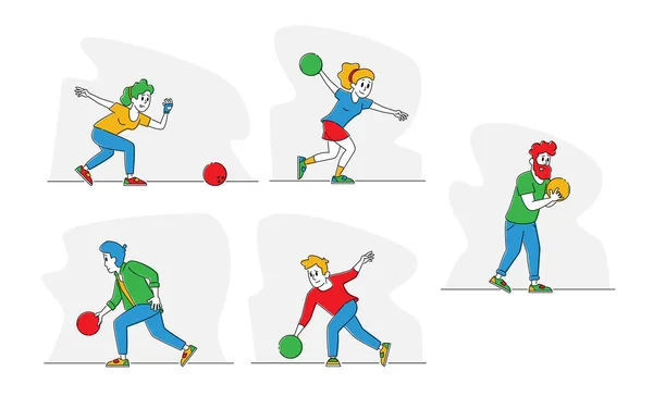 Juego de Personajes Jugando Bolos, Hombres y Mujeres Jóvenes Lanza Pelota en Carril, Gente Ocio, Amigos Pasan Tiempo Juntos — Vector de stock