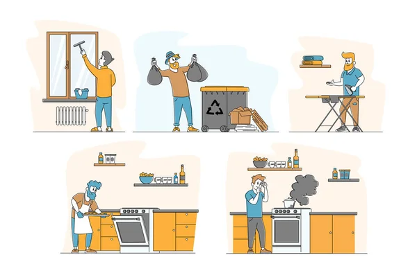 Conjunto de actividades del hogar del hombre. Limpieza y limpieza de ventanas del hogar, cocción de pasteles, planchado de ropa y tirar basura a la papelera — Vector de stock