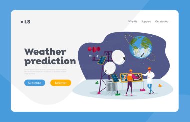 Meteoroloji İniş Sayfa Şablonu. Meteoroloji Karakterleri Uydu ile Meteo İstasyonunda İletişim Kulesi 'nin yanında