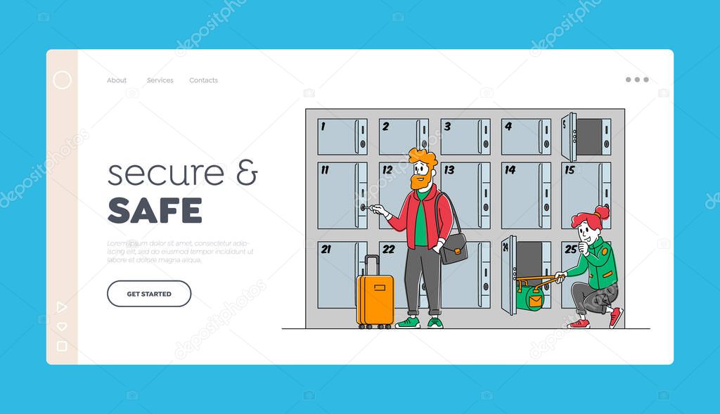 Travelers with Bags Use Luggage Storage Landing Page Template. Characters Put Bags into Lockers with Keys in Airport