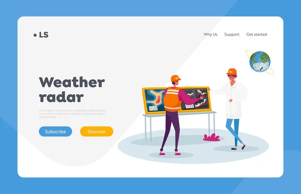 Meteorologista Apresentando informações meteorológicas Landing Page Template. Relatório de caracteres Parâmetros meteorológicos na tela —  Vetores de Stock