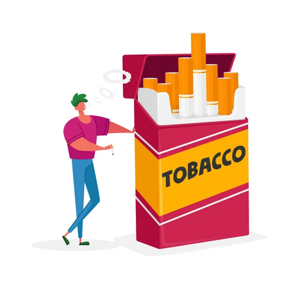 Sağlıksız Alışkanlık, Sigara İçen Nikotin Tütün Bağımlılığı. Küçük Erkek Karakter Ayakta Büyük Sigara Kutusu ve Duman — Stok Vektör