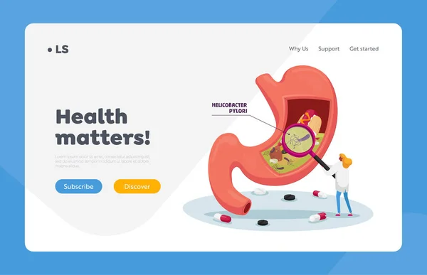 Gastroenterology Medicine and Healthcare Landing Page Template. Pequeño personaje médico Aprende el estómago con Helicobacter — Vector de stock