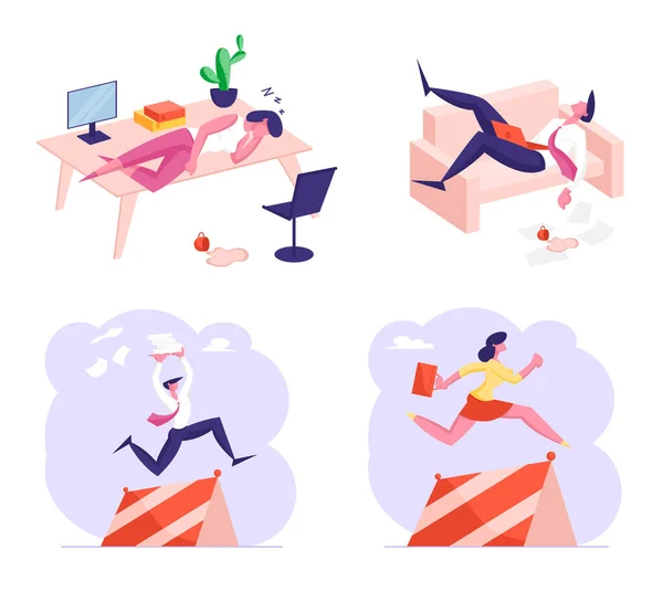 Conjunto de Personagens de Negócios Procrastinação, Burnout de Trabalho e Corrida com Obstáculos. Cansados dormindo no local de trabalho — Vetor de Stock