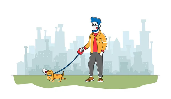 在受污染的城市或科罗纳威斯大流行病中，人与狗在面部面具中行走。公园里有宠物的男主角 — 图库矢量图片