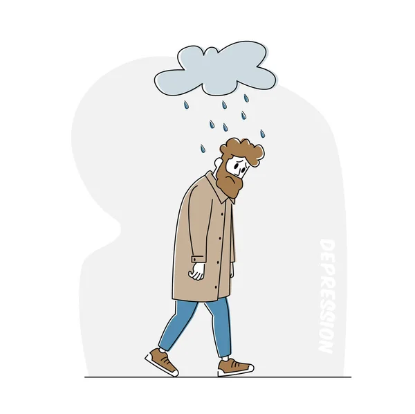 Uomo depresso e ansioso con alcool Bottiglia Soffri di depressione e ansia Sentiti frustrato Passeggiando sotto la nuvola piovosa — Vettoriale Stock