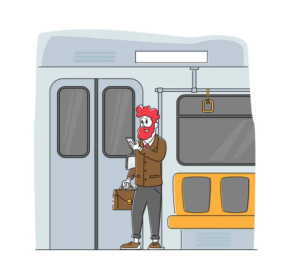 Passageiro no subsolo, Homem Use o metrô de transportes públicos urbanos. Personagem de homem de negócios dentro do transporte subterrâneo —  Vetores de Stock