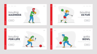 Karakterler Bowling İniş Şablonu Ayarları 'nı oynuyorlar. Erkekler ve Kadınlar Top Atıyor, İnsanlar Boş, Aktif Yaşam Tarzı