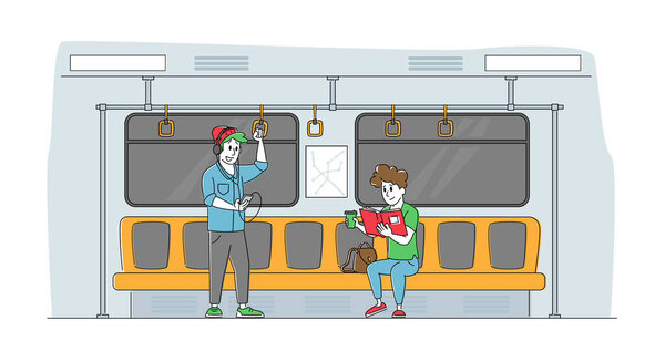 Мужские женские персонажи в подземном городском метро. Мужчина слушает музыку, женщина читает в метро поезд внутренних дел с гражданином