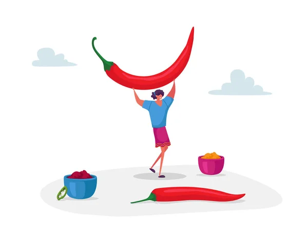 Młoda kobieta dodatni gospodarstwa ogromny czerwony chili papryka Jalapeno nad głową i miski z posiłkiem wokół, pikantne danie sezonowe — Wektor stockowy