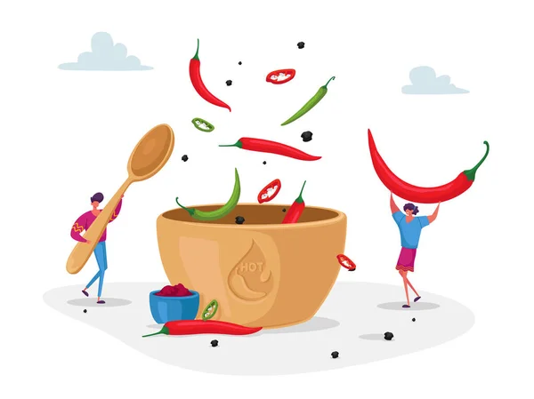 Characters Cook Hot Spicy Food. Tiny Man and Woman Cooking Delicious Meal with Red and Green Jalapeno Chili Pepper — Stock Vector