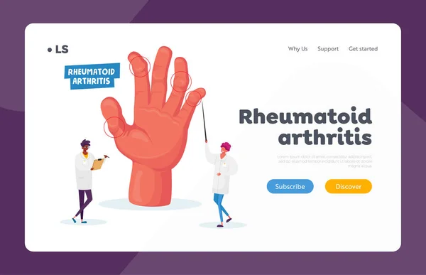Rheumatoid arthritis landolás oldal Sablon. Orvos Arthrológus mutató kéz ízületi betegség, Orvosi Concilium — Stock Vector