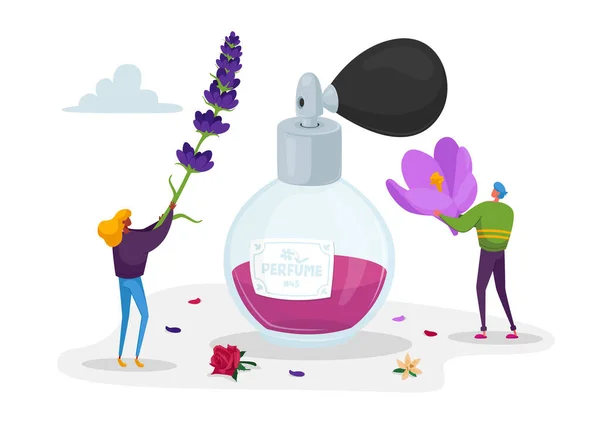 Aroma Samenstelling. Parfumerie Creatie. Parfumeur Karakters Creëer Parfumgeur. Kleine mensen brengen violette bloemen — Stockvector