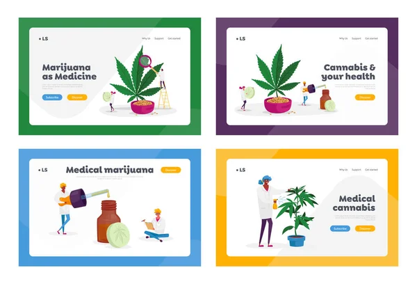 Marijuana Medicine Landing Page Template Set Tudós Grow Medical Cannabis Készítsen Homeopátiás recept személyes használatra — Stock Vector