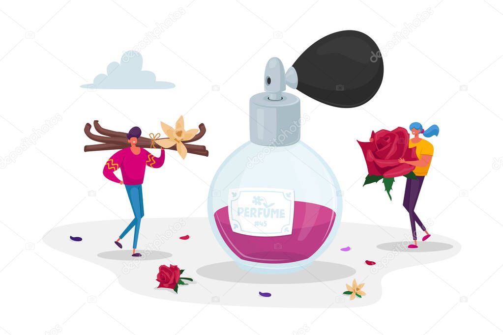 Fragrance, Toilet Water, Aroma, Perfumery. Tiny Perfumers Holding Huge Ingredients for Creating New Perfume Composition