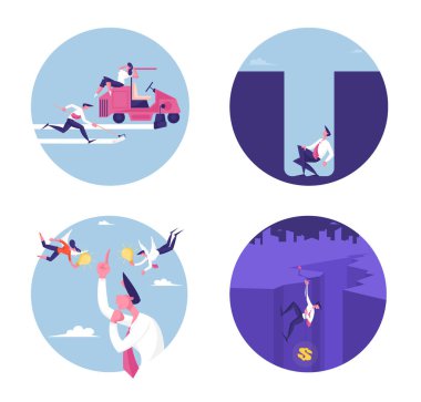 İş Karakterleri Yarışını Ayarla, İnsan Dipsiz Kuyuda Oturur. İş adamı dolar işaretiyle uçurumun tepesine tırmandı. Yaratıcı Fikir