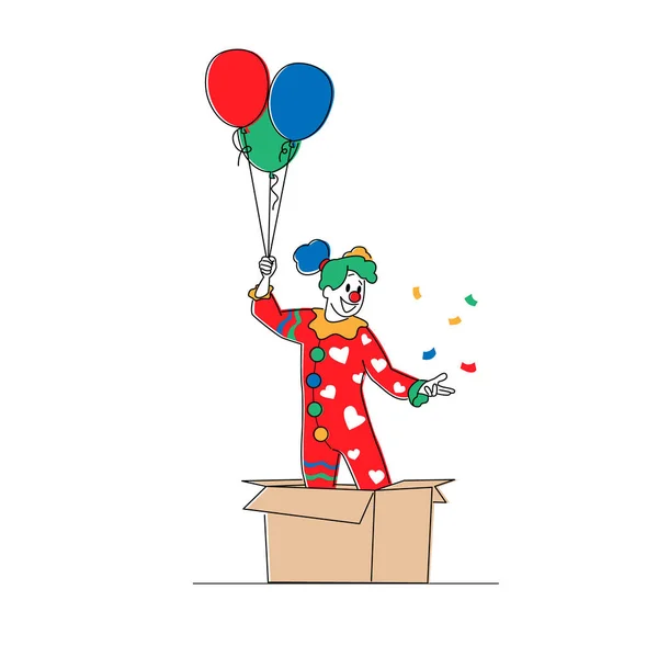 Female Clown Character Pop Up from Huge Carton Box with Balloons. Big Top Circus Show Artist in Funny Costume and Wig — Stock Vector