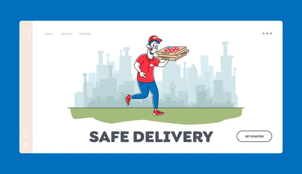 Air Pollution in City, Food Delivery at Coronavirus Pandemic Landing Page Template. Pizzeria Courrier en masque de protection — Image vectorielle