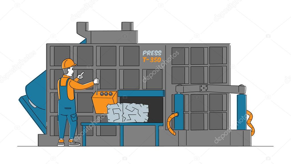 Worker Control Machine Pressing Used Scrap Metal. Character Get Pressed Cube of Reused Junk for Making Metallic Products