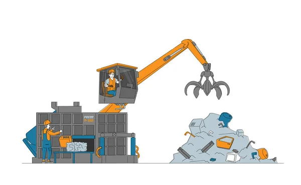 Ανακύκλωση και επαναχρησιμοποίηση μετάλλων. Εργαζόμενοι σε Ενιαίο Έλεγχο Crane Arm Loading and Press Metal Scrap on Scrapyard — Διανυσματικό Αρχείο