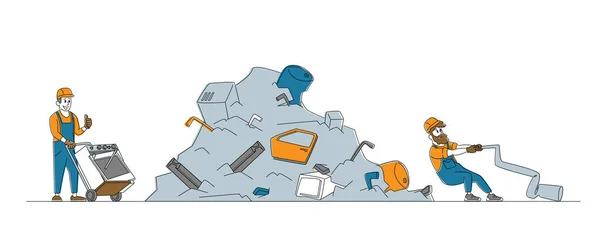 工人用手推车把旧洗衣机拉到废金属垃圾堆上。金属废料或废渣再利用、循环再用工业 — 图库矢量图片