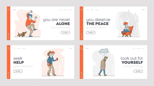 Characters Mental Problems Landing Page Template Set. Bipolar Disorder, Insomnia, Kynophobia, Depression, Schizophrenia — Stock Vector